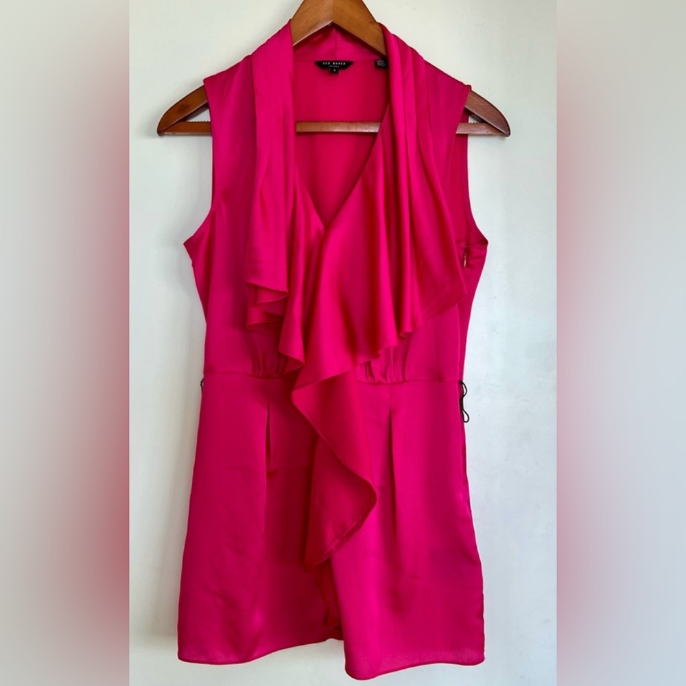 Ted Baker Magenta Satin Ruffle Blouse | Waterfall Front | Size 1